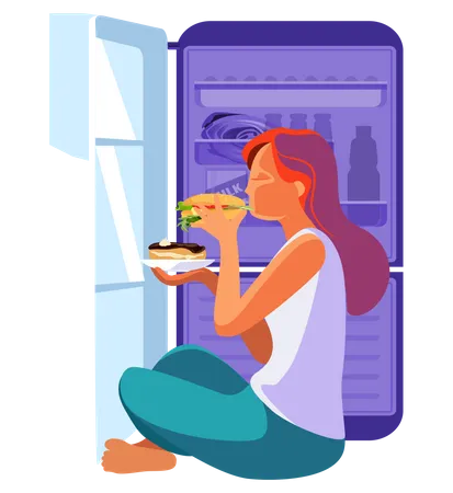 Woman eating burger at night from refrigerator  Illustration