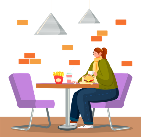 Woman Eating Burger in Fastfood Restaurant  イラスト