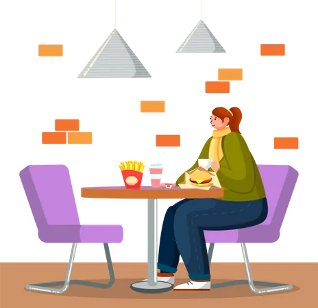 Female Character In Casual Clothes Sitting In Fastfood Restaurant Woman Eating Burger Potato And Drinking Cafe Place With Fast Snack And Beverage Person With Hamburger In Coffeehouse Vector イラスト