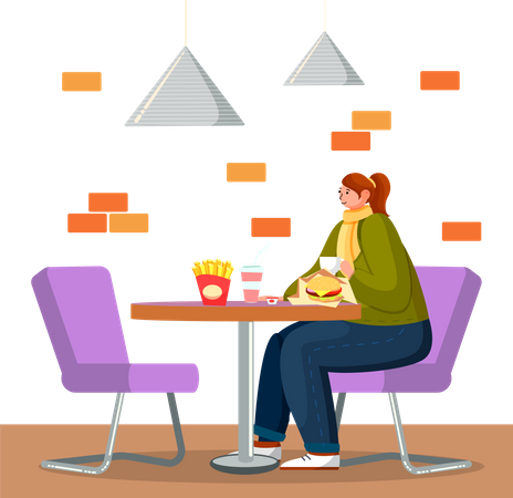 Woman Eating Burger in Fastfood Restaurant  イラスト