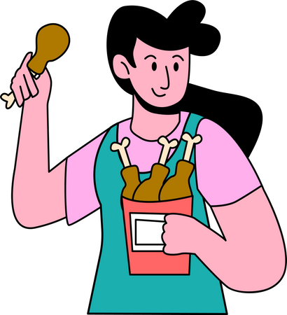 Woman Eating Chicken Drumstick Illustration