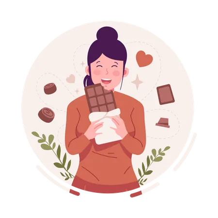 Woman Eating Chocolate Flat Illustration Illustration