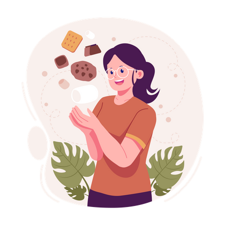 Woman eating chocolate and cookies Illustration