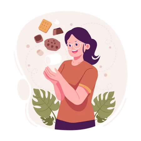Woman eating chocolate and cookies Illustration