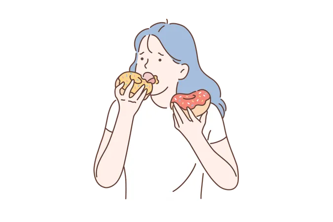 Healthy Diet Or Junk Food Concept Portrait Of Young Depressed Girl Eating Donuts Vector Flat Design Illustration