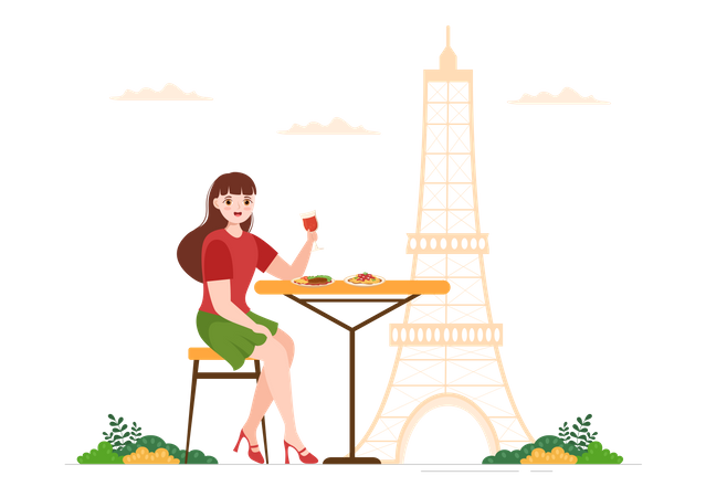 Woman Eating French Food  Illustration