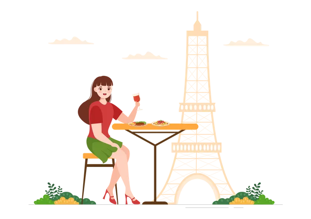 Woman Eating French Food  Illustration