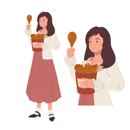 Woman eating fried chicken drumstick  Illustration