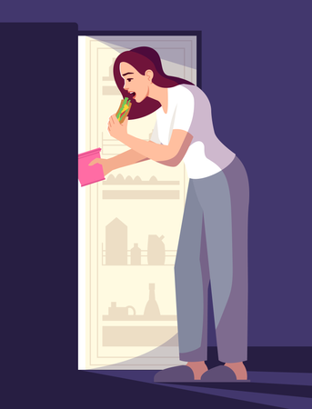 Woman Eating From Fridge  Illustration