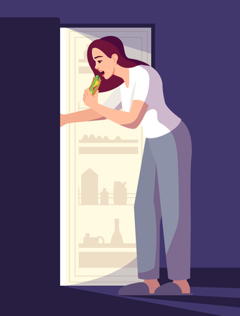 Woman Eating from refrigerator At Night Illustration