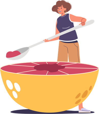 Woman Eating Grapefruit With Large Spoon  Illustration