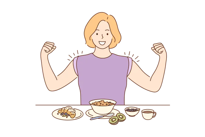 Health Care Food Diet Concept Young Happy Miling Cheerful Woman Girl Cartoon Character Eating Breakfast Dinner Lunch Supper Showing Muscles Dieting Healthy Lifestyle Loosing Weight Illustration Illustration