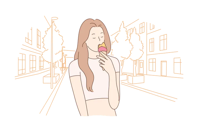 Summer Eating Food Concept Young Happy Woman Or Girl Teenager Cartoon Character Eats Licking Cold Tasty Delicious Ice Cream Sundae On City Street Summer Leisure Time And Refreshment Illustration Illustration