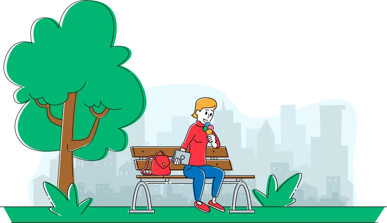 Woman eating ice-cream while sitting at park bench Illustration