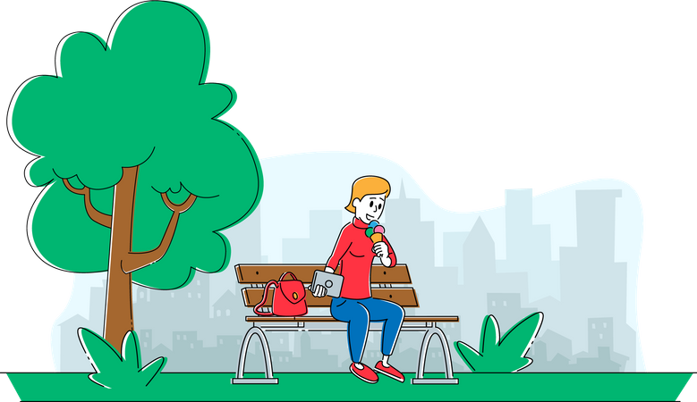 Woman eating ice-cream while sitting at park bench  Illustration