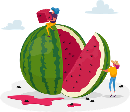 Woman eating piece of watermelon  Illustration