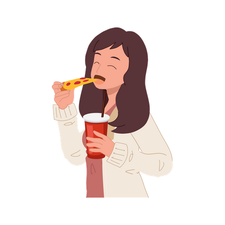 Woman eating pizza and holding glass of soft drink  Illustration