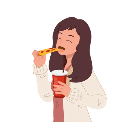 Woman eating pizza and holding glass of soft drink Illustration