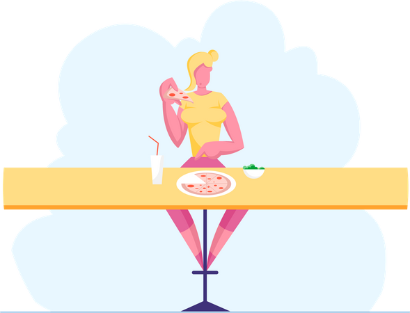 Woman eating pizza at a pizza store  Illustration