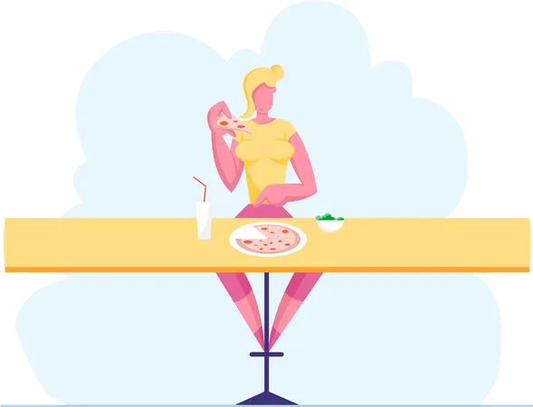 Woman eating pizza at a pizza store  Illustration