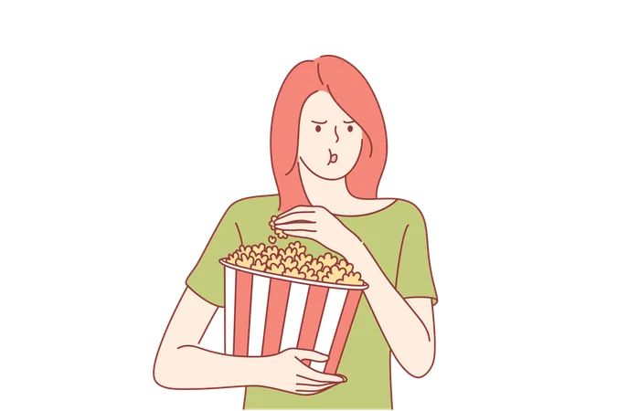Movie At Cinema Concept Young Captivated Girl Or Woman Teenager With Big Portion Of Popcorn Watching Films Leisure Time Illustration In Cartoon Style Illustration