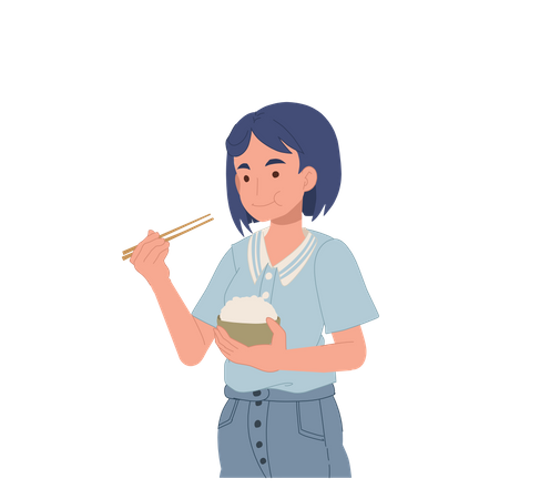 Woman eating rice with chopstick Illustration