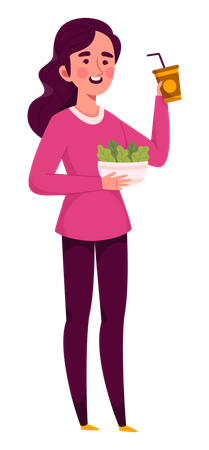 Woman eating salad with drink Illustration