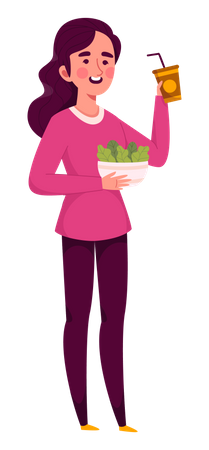 Woman eating salad with drink  Illustration