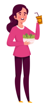 Woman eating salad with drink  Illustration