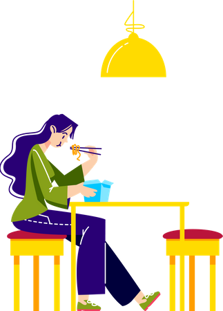 Woman eating udon noodles Illustration