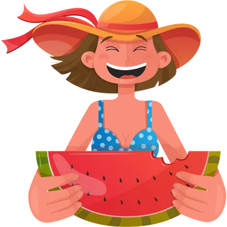 Woman eating watermelon  イラスト