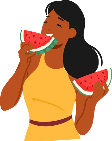 Woman Eating Juicy Watermelon At Hot Summer Day Female Character Smile With Delight Savoring The Sweet Refreshing Taste Of The Fruit Isolated On White Background Cartoon People Vector Illustration Illustration
