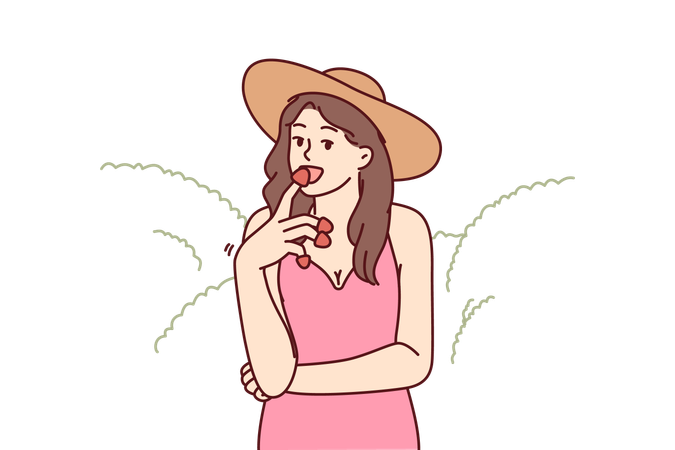 Woman eats appetizing strawberries  Illustration