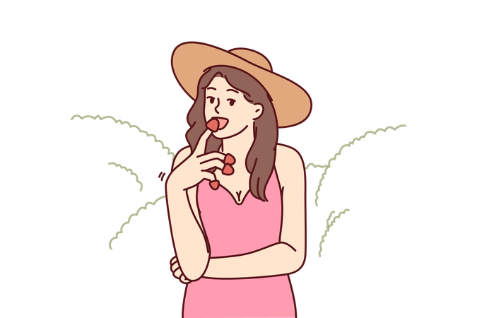 Woman eats appetizing strawberry  Illustration