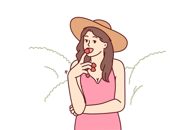 Woman Eats Appetizing Strawberries Enjoying Taste Of Fresh Berries Found On Farm Or Plantation Girl In Hat Who Owns Farm Tries Organic Strawberries Grown Without Use Of Pesticides Illustration