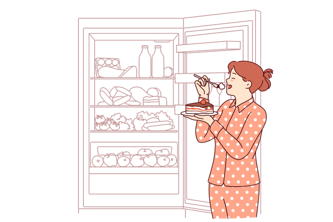 Woman eats cake at night standing in pajamas near open refrigerator and risking becoming overweight  Illustration