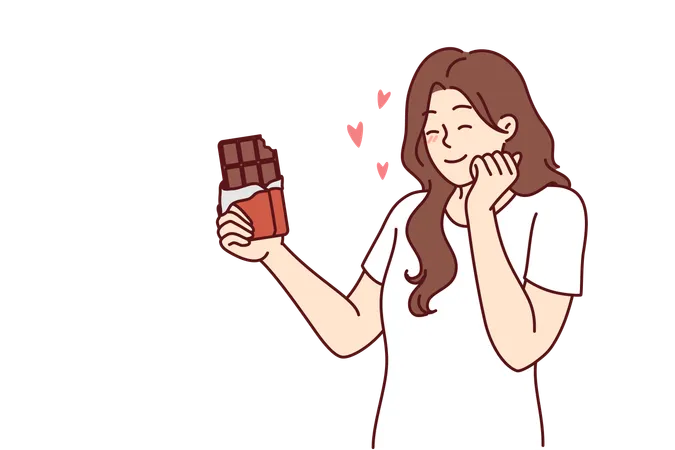Happy Woman Enjoying Taste Of Dark Chocolate Using Sweet Dessert For Snacking And Quickly Removing Hunger Concept Of Taking Milk Chocolate With Sugar Content To Fight Diabetes And Increase Insulin Illustration