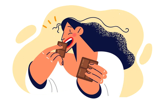 Woman Eats Dark Chocolate Enjoying Sweet Milk Dessert That Causes Surge Energy And Positive Emotions Happy Girl Having Breakfast With Natural Chocolate From Cocoa Babs For Sweets Addiction Concept Illustration