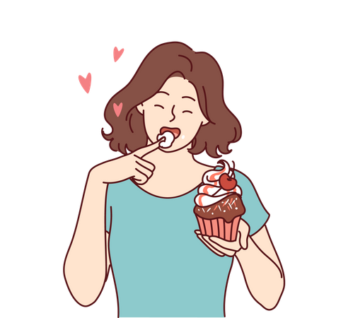 Woman eats delicious cupcake, licking sweet cream from finger and enjoying appetizing dessert  일러스트레이션