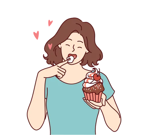 Woman eats delicious cupcake, licking sweet cream from finger and enjoying appetizing dessert  Illustration