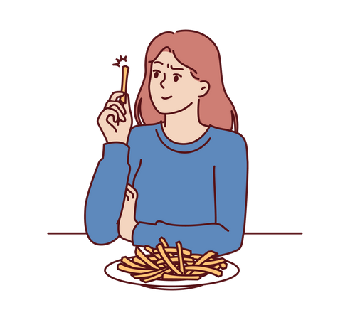 Woman eats french fries without thinking about health risks of fast food  Illustration