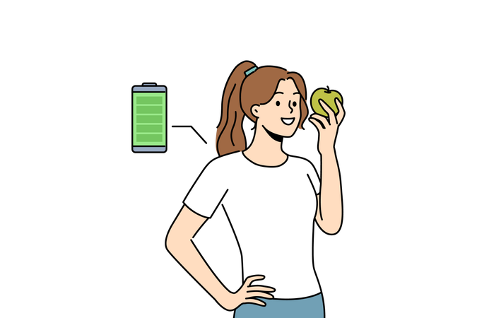 Woman eats fresh apple to recharge with energy and vitamins from fruit bought at farmers market  Illustration