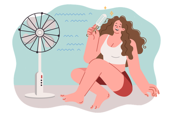 Woman eats ice cream and cooling off during warming of summer  Illustration