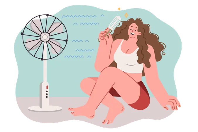 Woman eats ice cream and cooling off during warming of summer  Illustration