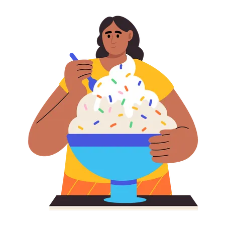 Woman eats ice cream as dessert  Illustration