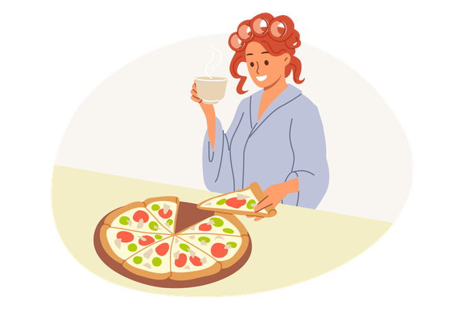 Woman eats italian pizza and drinks coffee standing in kitchen of house in curlers and bathrobe  Illustration