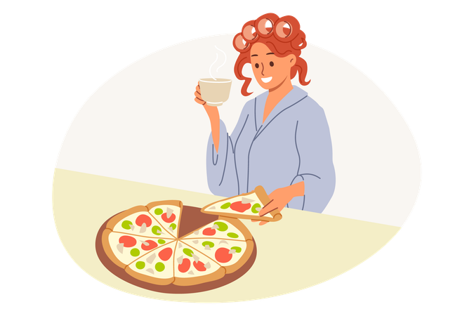 Woman eats italian pizza and drinks coffee standing in kitchen of house in curlers and bathrobe  イラスト