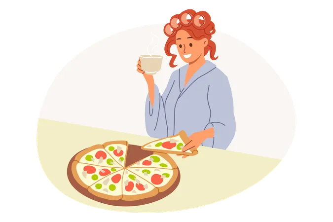 Woman Eats Italian Pizza And Drinks Coffee Delivered From Pizzeria Standing In Kitchen Of House In Curlers And Bathrobe Girl Has Breakfast With Pizza Enjoying Taste Of Traditional Italian Pie Illustration