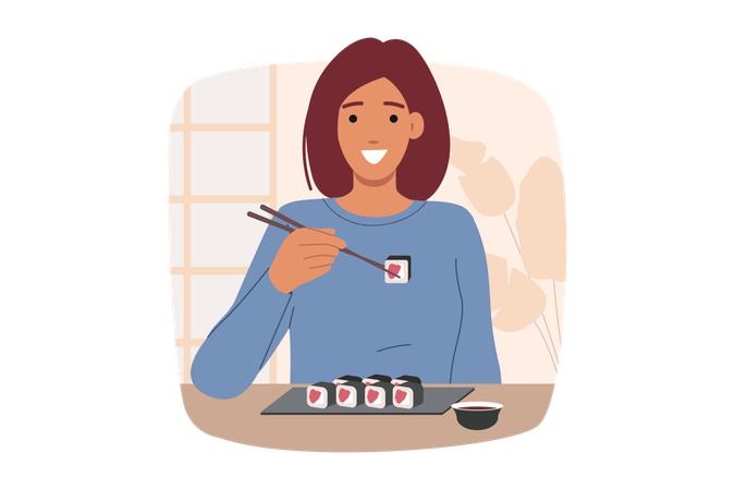 Woman eats maki rolls using chopsticks while sitting at table in oriental japanese restaurant  Illustration