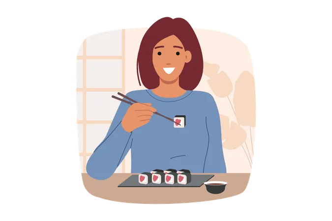Woman eats maki rolls using chopsticks while sitting at table in oriental japanese restaurant  Illustration